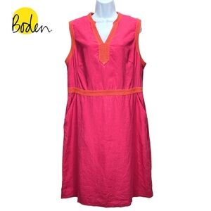 Boden Women 14L Pink &‎ Orange 100% Linen Notch Neck Shift Dress Pockets